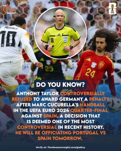 Anthony Taylor controversially refused to award Germany a penalty after Marc Cucurella's handball in the UEFA Euro 2024 quarter-final against Spain. A decision that is deemed one of the most controversial in recent history.  He will be officiating Portugal vs Spain tomorrow. 
